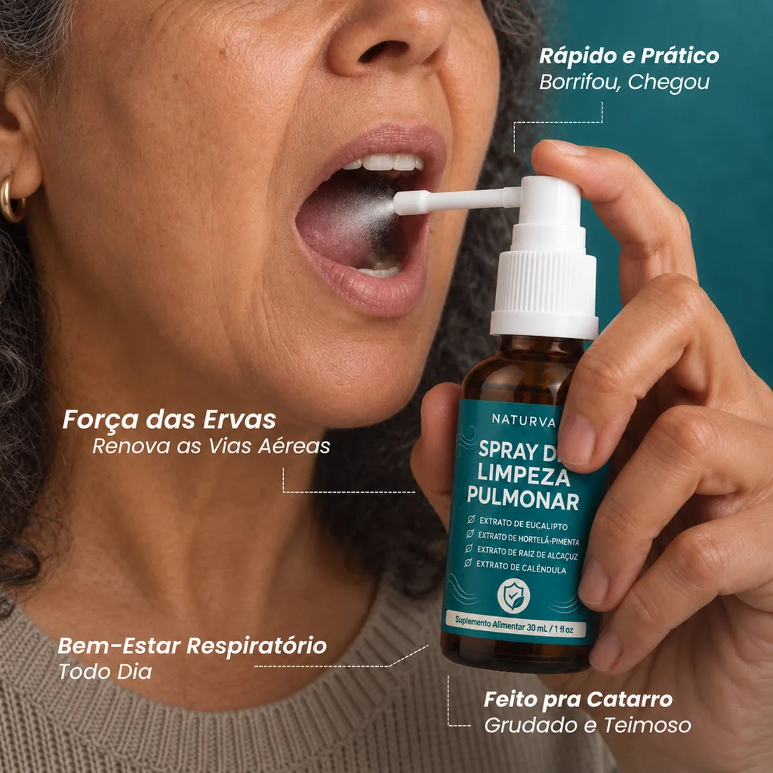 Detalhe do frasco do Naturva™ Spray de Limpeza Pulmonar